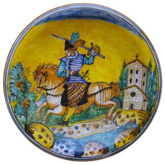 Piatto con lieve bordo cm 31 decorazione ARLECCHINO DI MONTELUPO personaggio Cavaliere con Spada