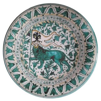 Piatto cm 35 con decorazione LEONE che sorregge ARALDO con Gonfalone di Firenze