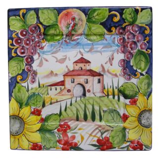 Piatto quadrato cm 24 PAESAGGIO TOSCANO frutta e Girasoli