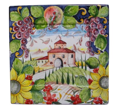 Piatto quadrato cm 24 PAESAGGIO TOSCANO frutta e Girasoli