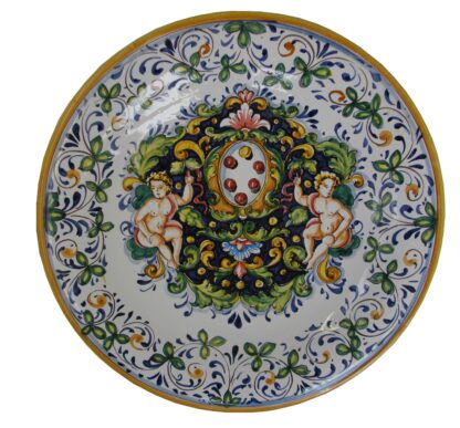 Piatto cm 40 con Stemma dei Medici e Puttini decorazione FLOREALE A FOGLIE