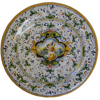 Piatto cm 40 con Puttino suonatore decorazione FLOREALE A FOGLIE