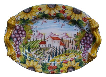 Vassoio Ovale con Manici cm 40 PAESAGGIO TOSCANO Uva e Girasoli