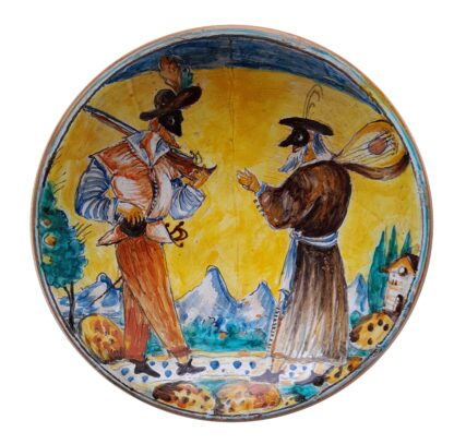 Piatto cm 35 decorazione ARLECCHINO DI MONTELUPO personaggi Monaco e Archibugiere