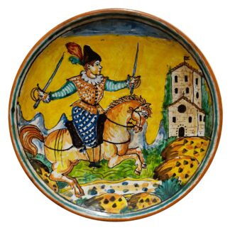 Piatto cm 30 decorazione ARLECCHINO DI MONTELUPO personaggio Cavaliere con Spade