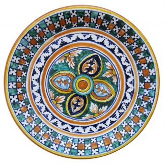Piatto diametro cm 26 con fiore stilizzato multicolore centrale e decorazione SCACCHIERA POLICROMA
