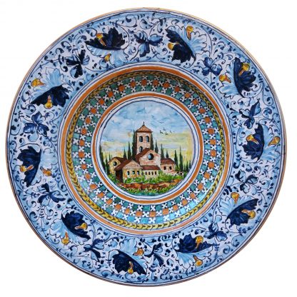 Piatto diametro cm 44 con Castello di Montelupo Fiorentino - Prioria di San Lorenzo e decorazione FOGLIA BLU